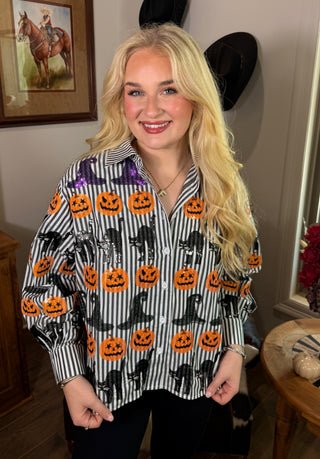 Queen of Sparkles Black & White STriped Witch Hat, Pumpkin, & Cat Button Up