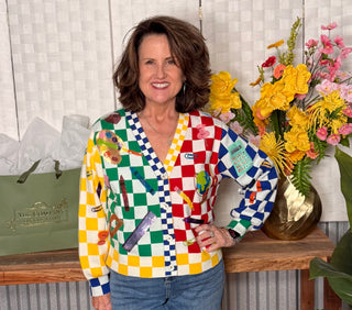 Queen of Sparkles Rainbow Checkered School Button Up Cardigan