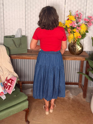 Easel Polka Dot Denim Bubble midi skirt