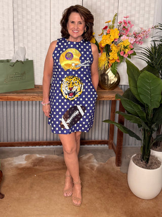 QoS Licensed LSU Football & Helmet Polka Dot Dress