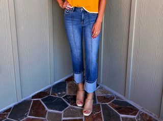 Risen High Rise Ankle Straight Wide Cuffed Jeans