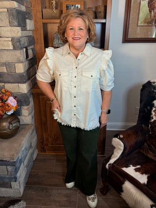 Linen Button Up Shirt with Frayed Hem and Gathered Sleeves