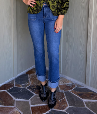 Risen High Rise Ankle Slim Straight Front Patch Pocket Jeans