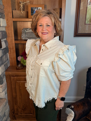 Linen Button Up Shirt with Frayed Hem and Gathered Sleeves