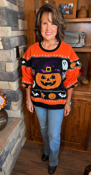Queen of Sparkles Black & Orange Stripe Color block Pumpkin Sweatshirt