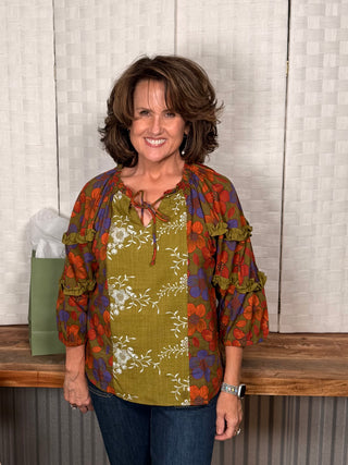 Voy 3/4 Sleeve Ruffled Detail Printed Top