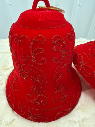 Flocked Red Glitter Bell Ornament 7"