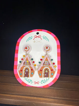 Gingerbread House Beaded Dangle Earrings