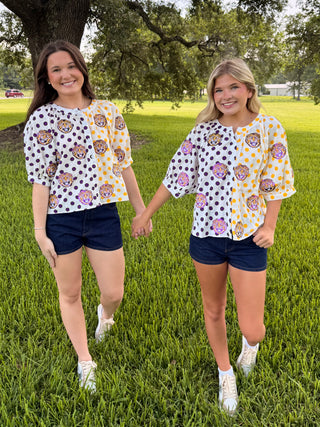 QoS Licensed LSU Mascot Polka Dot Color block Button Top