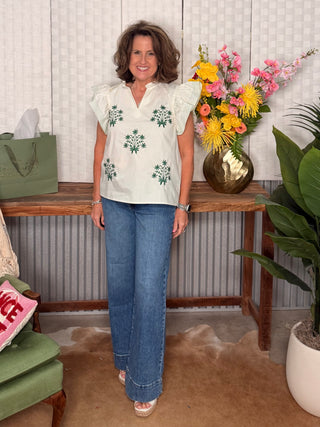 She & Sky Flutter Sleeve Embroidery Top
