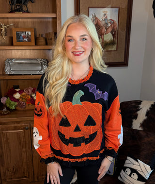 Queen of Sparkles Multi Ruffle Lace Trim Pumpkin & Bat Sweatshirt