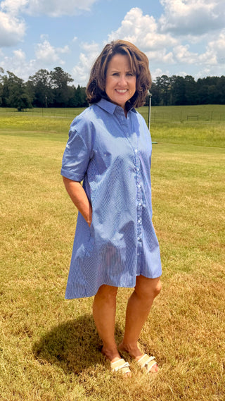 Blue Stripped Shirt Dress with Sparkles