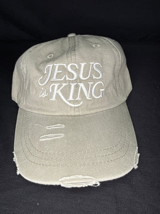 Washed Green Distressed Jesus is King Cap