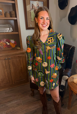 Queen of Sparkles Green & Blue Striped Thanksgiving Cotton Dress