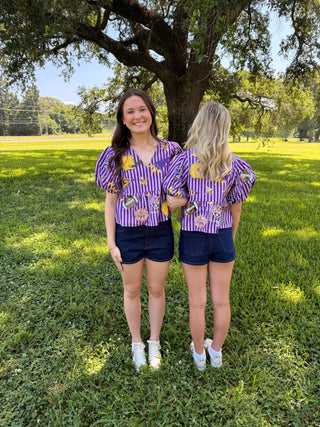 QoS Licensed LSU Striped Sparkle Bubble Sleeve Cotton Ruffle Top