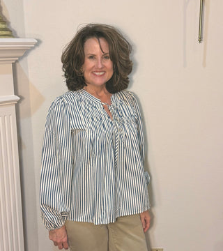 She & Sky Blue & Ivory Stripe Bow Blouse