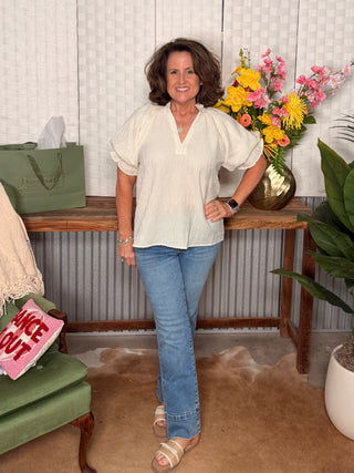 Umgee Cream  Y-Neck Puff Sleeve Top