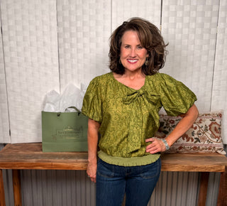 Voy Olive Textured Floral Blouse