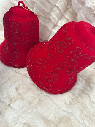 Flocked Red Glitter Bell Ornament 7"