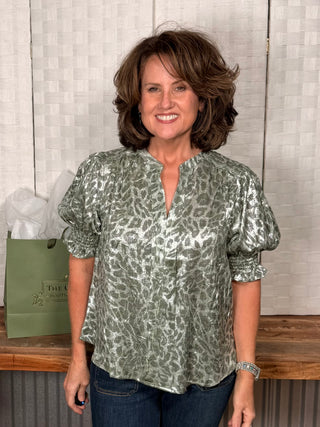 Voy Olive Smocked Short Sleeve V Neck Animal Print Top