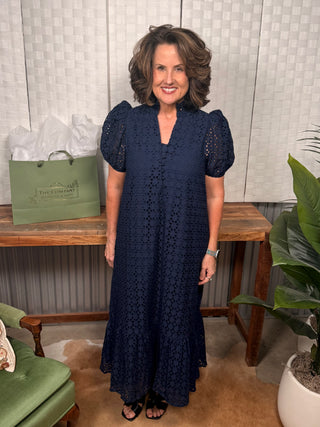 Navy Eyelet Midi Dress