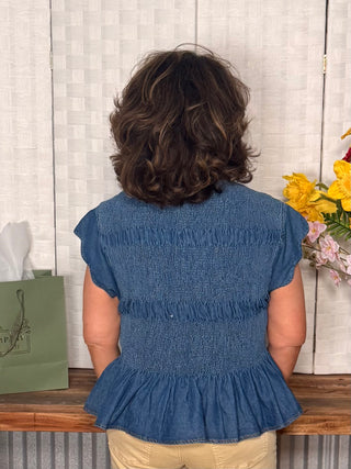 Umgee Chambray Scalloped Sleeve Smocked Top