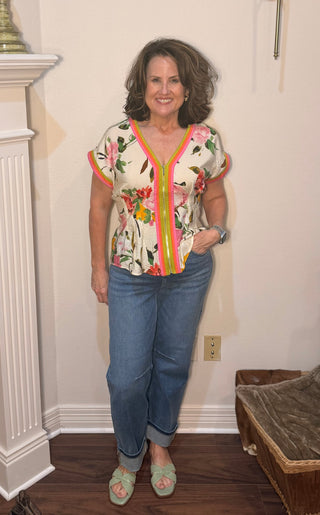 THML Zipper Front Floral Top