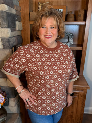 Umgee Short Sleeve Jacquard Jersey Top