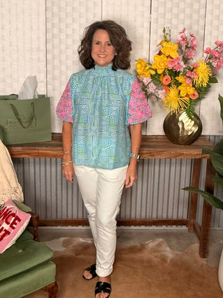 Voy Smocked Mock Neck Contrast Embroidered Top
