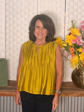 Pleated Sleeveless Round Neck Top