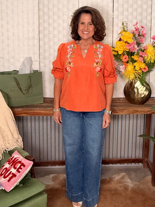 Voy Sunset Bloom Embroidered Top