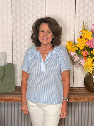 Lori Blue and White Seersucker Top