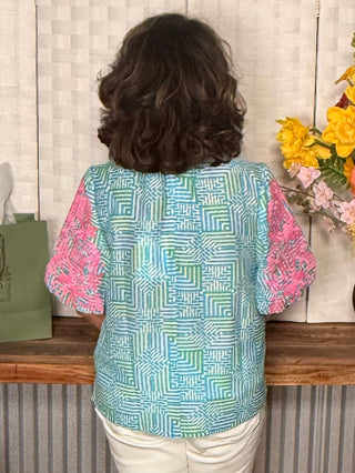 Voy Smocked Mock Neck Contrast Embroidered Top