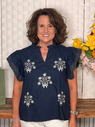 She & Sky Flutter Sleeve Embroidery Top