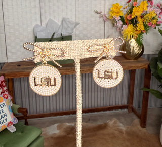 LSU Pearl Bow Medallion Earrings