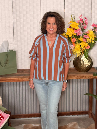 THML Striped Brown and Blue Striped V Neck Top