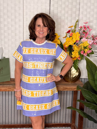 QoS Licensed LSU Full Sequin Striped Dress