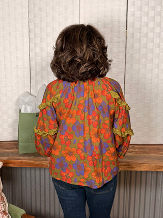 Voy 3/4 Sleeve Ruffled Detail Printed Top