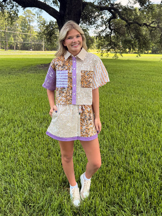 QoS Purple Yellow and Tiger Colorblock Sequin Short