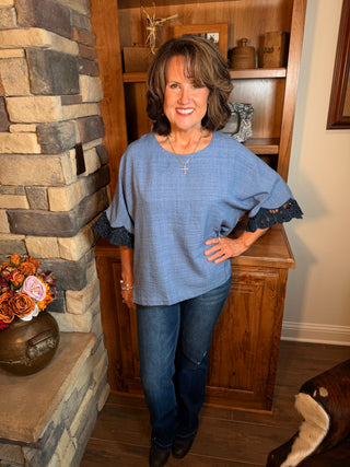 Blue Sheath Top with sleeve appliques