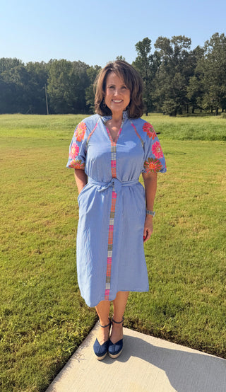 THML Blue Gingham Embroidered Midi Dress