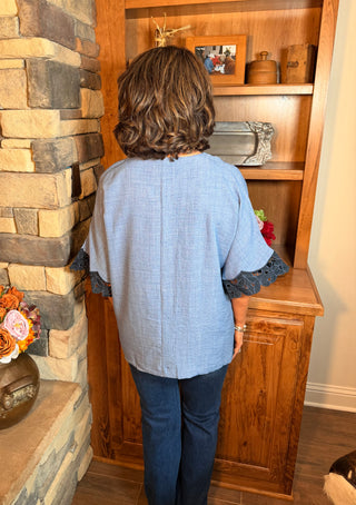 Blue Sheath Top with sleeve appliques