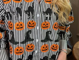 Queen of Sparkles Black & White Striped Witch Hat, Pumpkin, & Cat Button Up
