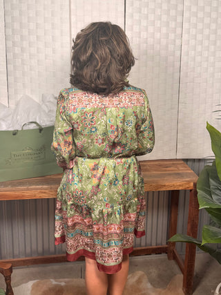 Paisley Border Print Shirt Collar Long Sleeve Mini Dress with Tie