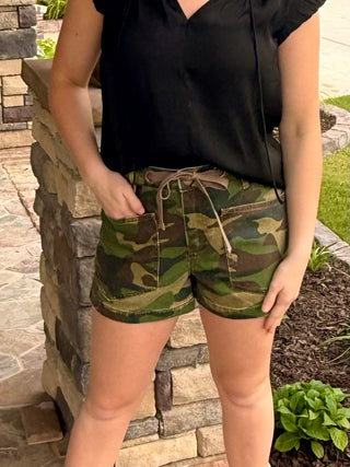 Risen Slouchy Camo Print Patch Pocket Shorts
