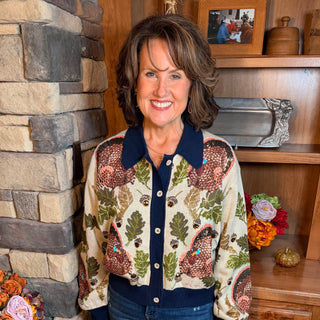 Queen of Sparkles Navy Trim Turkey, Leaf, and Acorn Cardigan