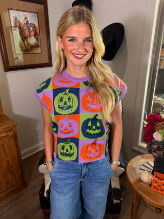 Queen of Sparkles Colorblock Multi Checkered Pumpkin Kint Top