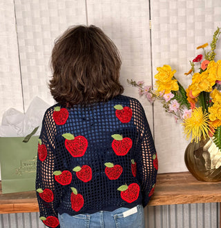 Queen of Sparkles Crochet Navy and Red Sequin Apple Cardigan
