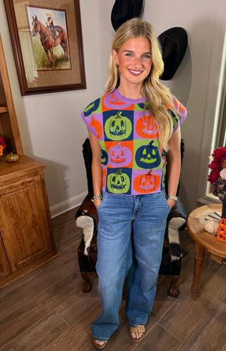 Queen of Sparkles Colorblock Multi Checkered Pumpkin Kint Top