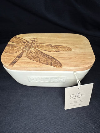 White Butter Dish with Dragonfly Lid